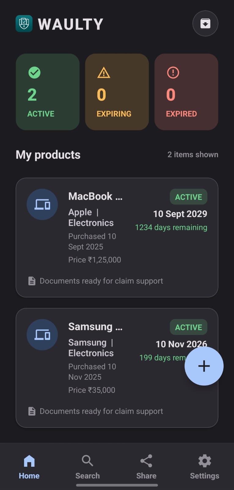 Waulty app screen showing the warranty vault interface