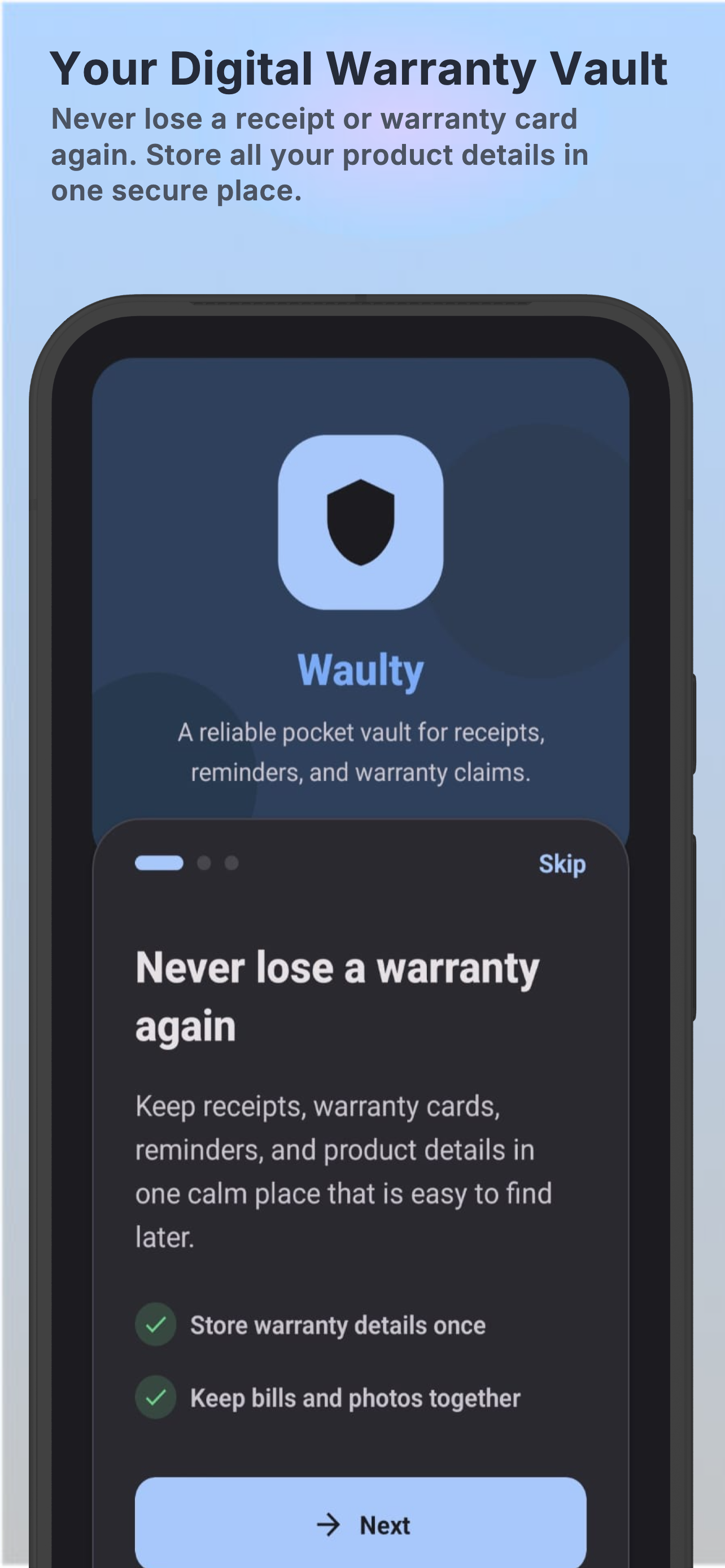 Waulty app screenshot showing warranty vault overview