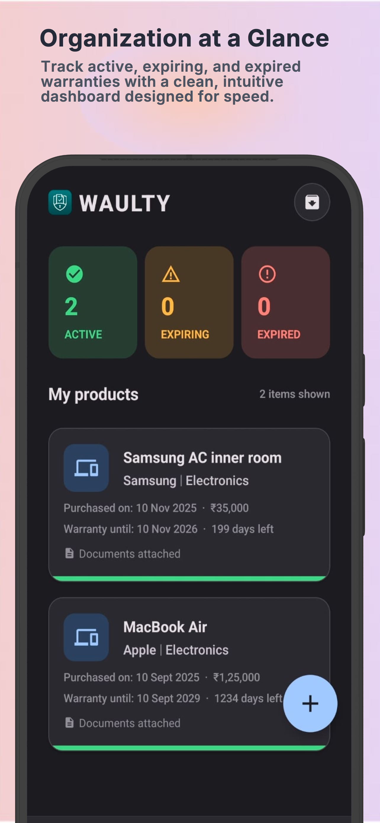 Waulty app screenshot showing product and document details