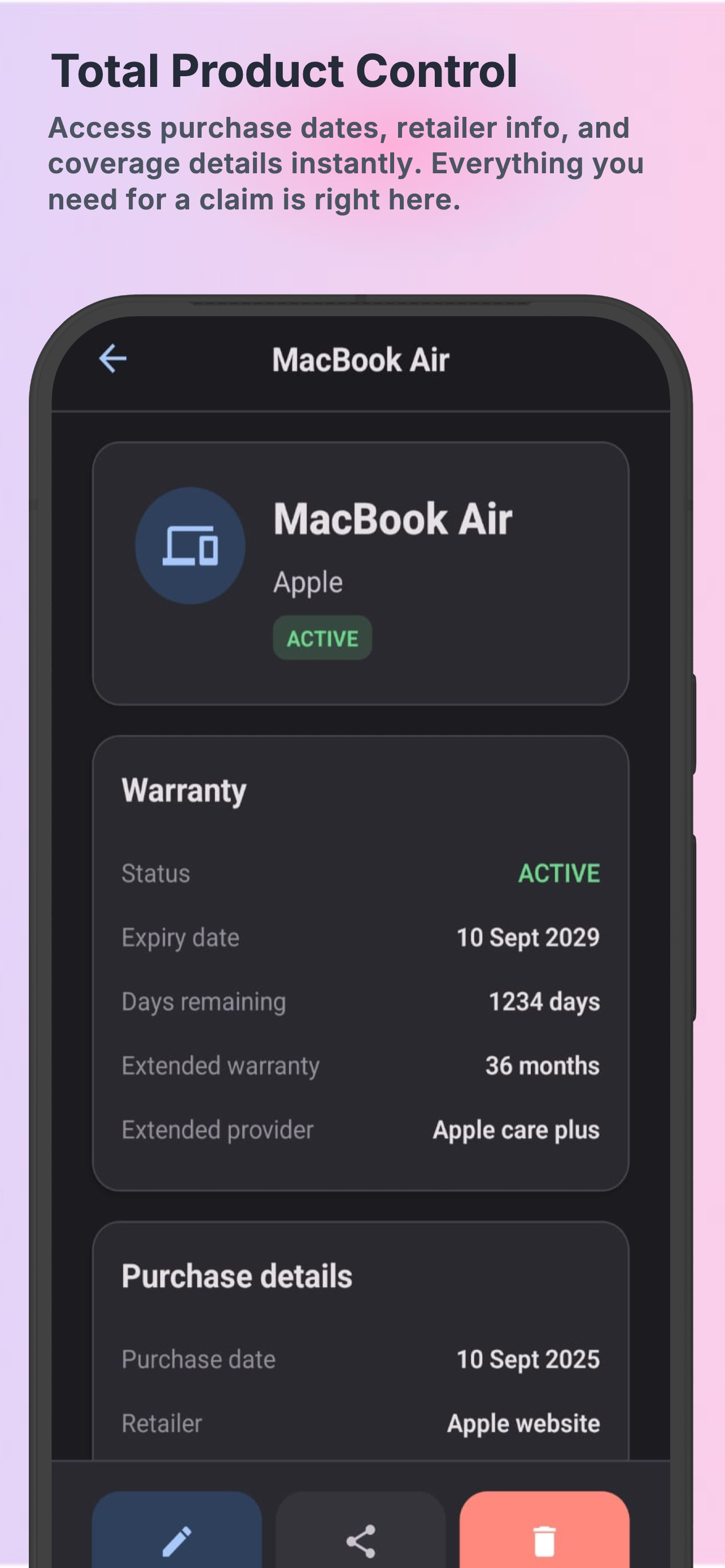 Waulty app screenshot showing saved warranty documents