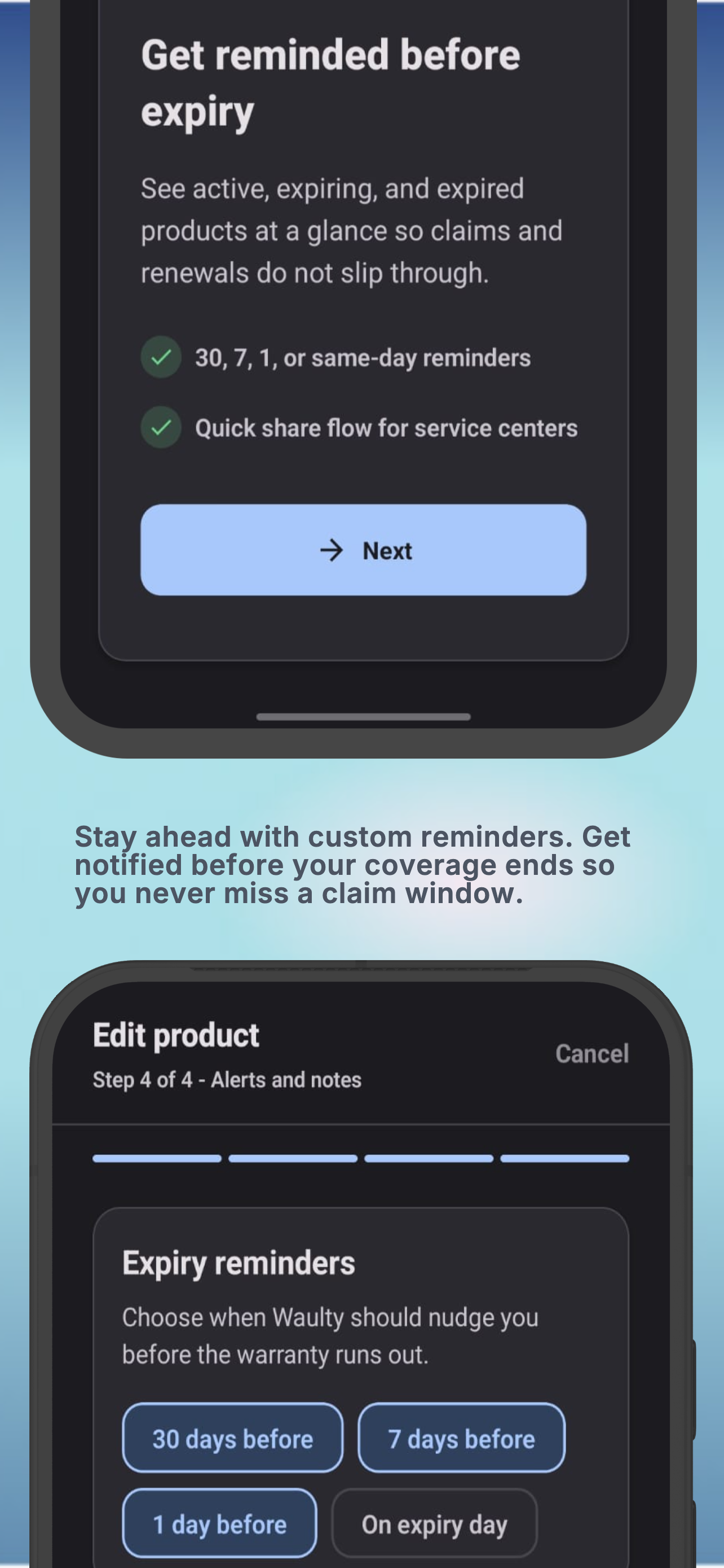 Waulty app screenshot showing warranty reminders