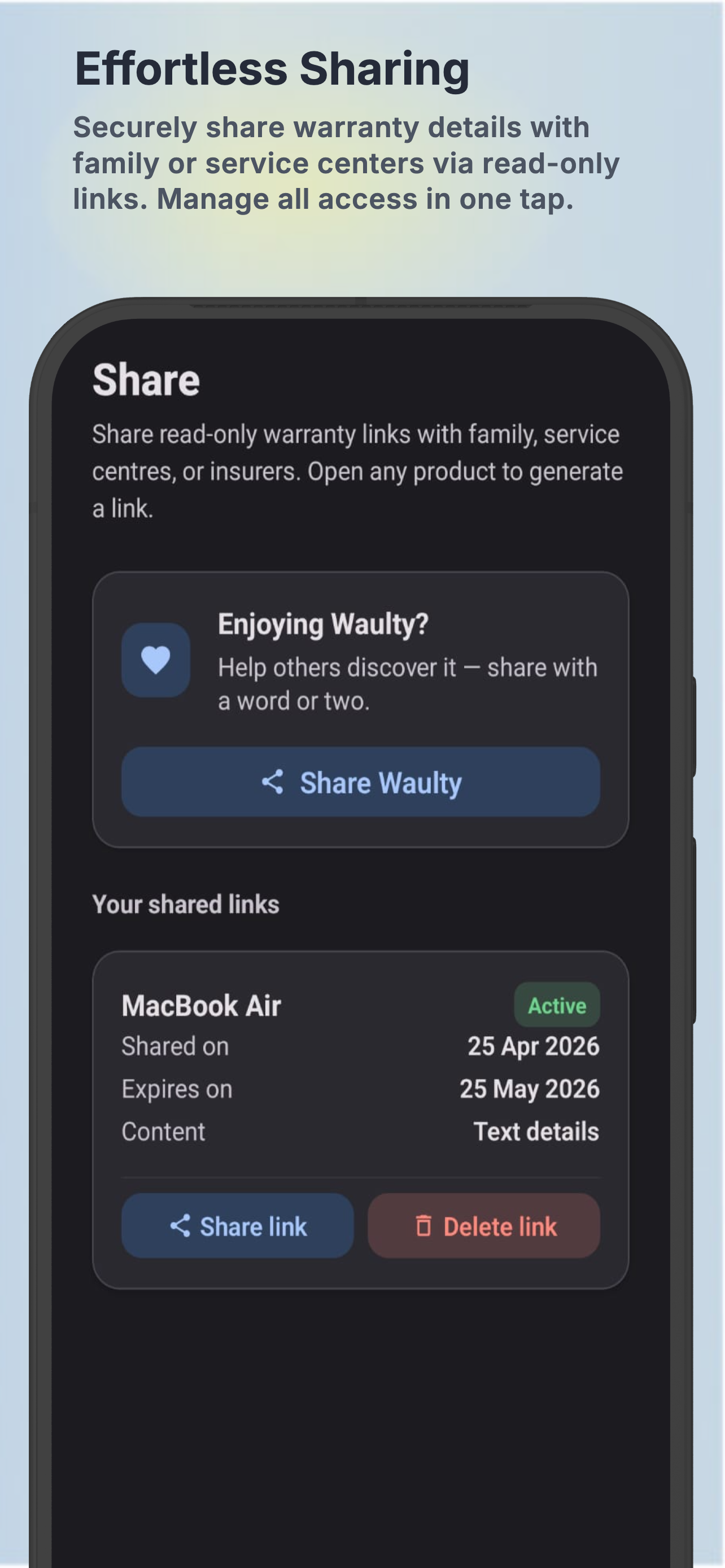 Waulty app screenshot showing app settings and document tools
